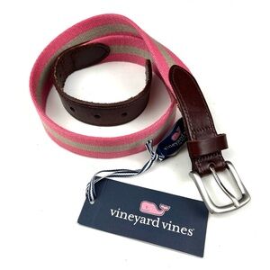 Vineyard Vines Pink Striped Canvas Club Belt Brown Leather Trim size 30